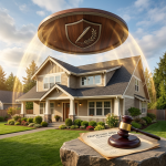 Suburban house under a glowing shield with a pen emblem and a gavel on a protection deed