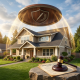 Suburban house under a glowing shield with a pen emblem and a gavel on a protection deed